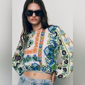 MANGO Women's Colorful Printed Puff Sleeve Blouse Italic Fabric 100% Cotton Sz 6